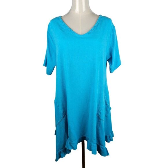 Oh My Gauze! Dresses & Skirts - Oh My Gauze Dress Medium Cotton Ruffled Hem Pockets Turquoise Tropical Beach